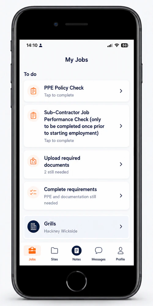 The Site-Hub staff app showing a worker's My Jobs screen: outstanding checks to complete, and the one site they are assigned to.