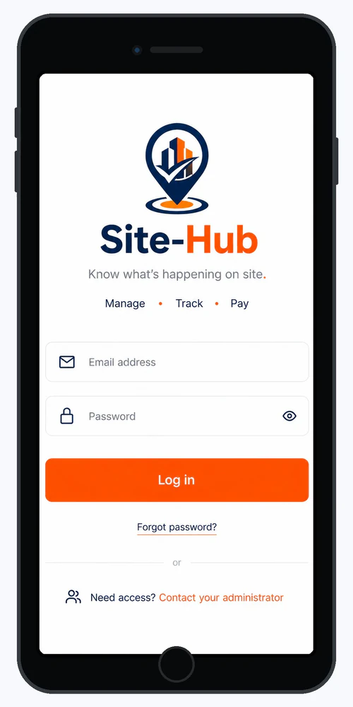 The Site-Hub staff app sign-in screen on a phone.