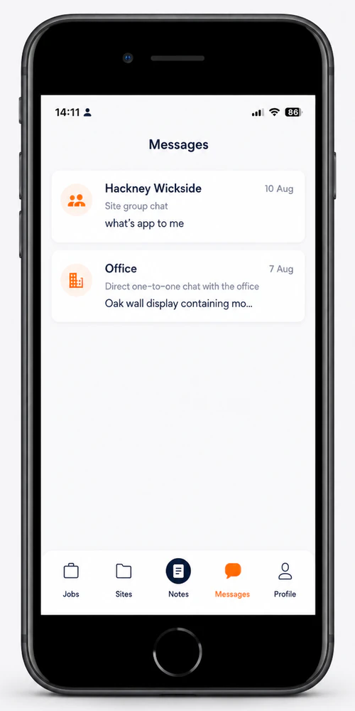 The Site-Hub staff app Messages screen, showing a site group chat and a direct thread with the office.