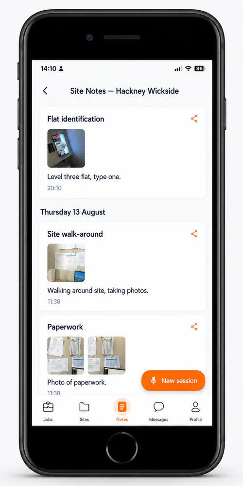 The Site-Hub staff app Site Notes screen for a site, showing dictated notes with photos attached and a New session button.
