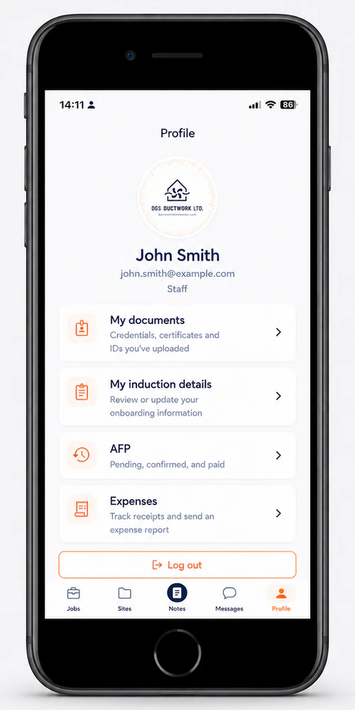 The Site-Hub staff app Profile screen, with the worker's own documents, induction details, AFP and expenses.