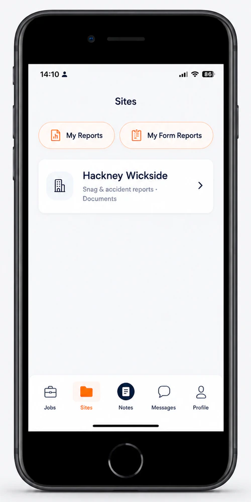 The Site-Hub staff app Sites screen, with shortcuts to My Reports and My Form Reports above a site holding its snag and accident reports.